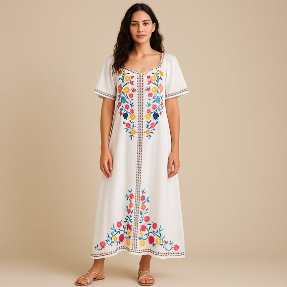 Sundance Boho White Floral Embroidered Maxi Dress Medium - Picture 2 of 8